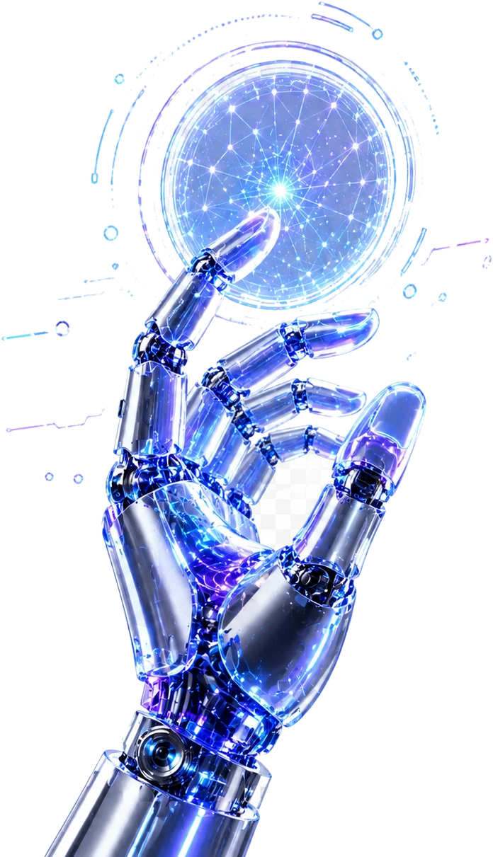 Robotic hand touching a luminous neural network sphere