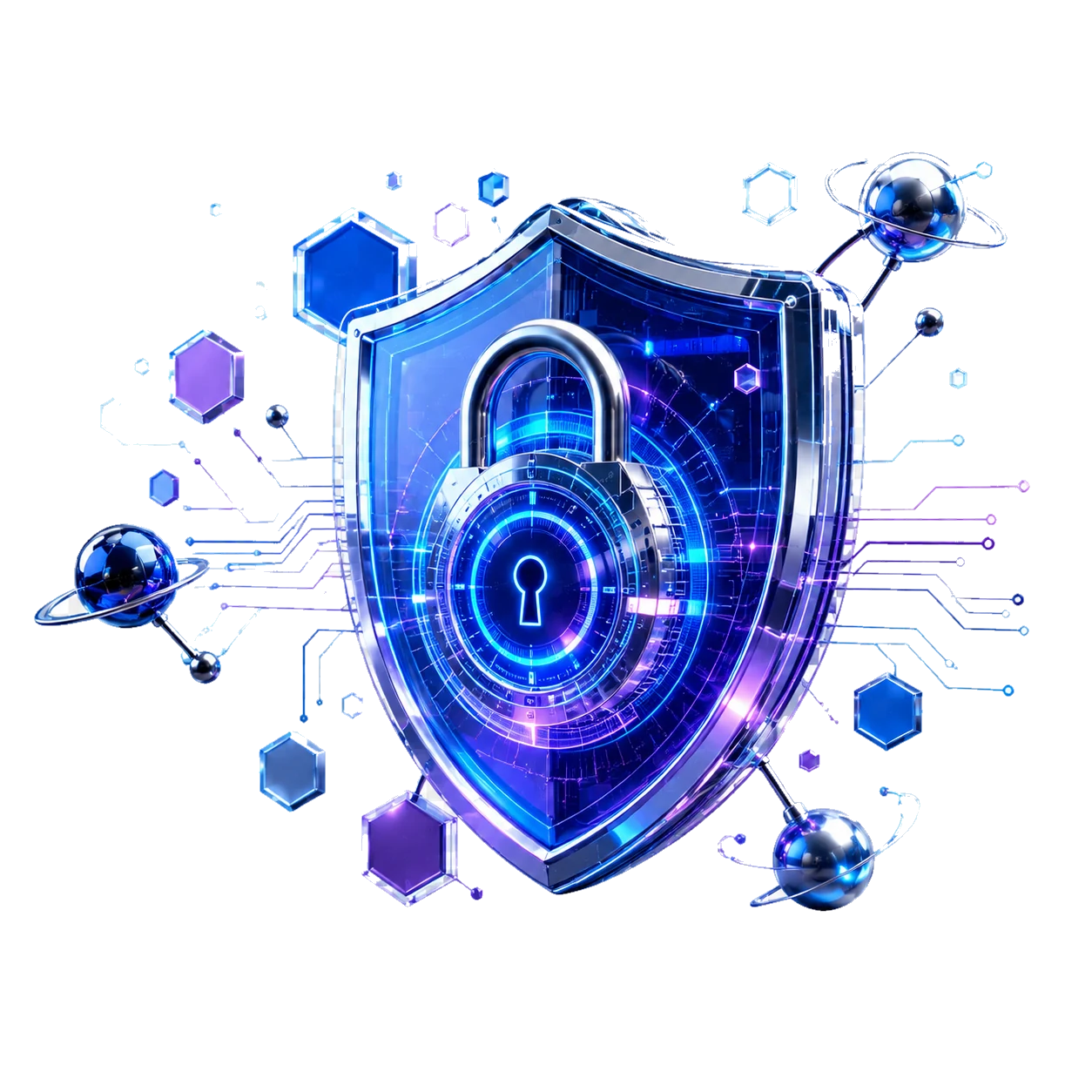 Technology shield with lock representing data protection and cybersecurity