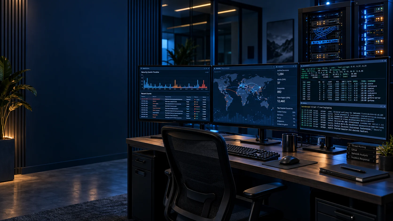 Cena conceitual de um laboratório SOC, com monitores de telemetria, rede e terminais Linux. Imagem gerada por IA.