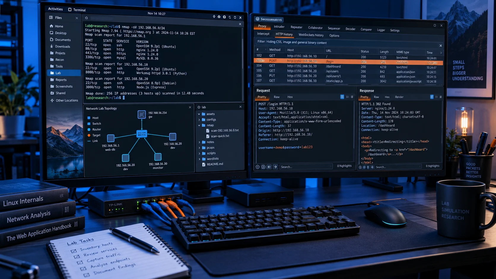 Ilustração de um ambiente de pesquisa com terminais Linux, enumeração de rede e inspeção HTTP.